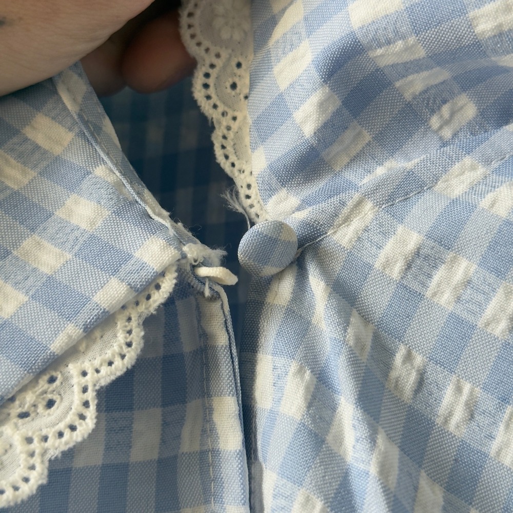 Coquette Blue White Gingham Peter Pan Collar Peplum Puff Sleeve Blouse Large - Picture 12 of 12